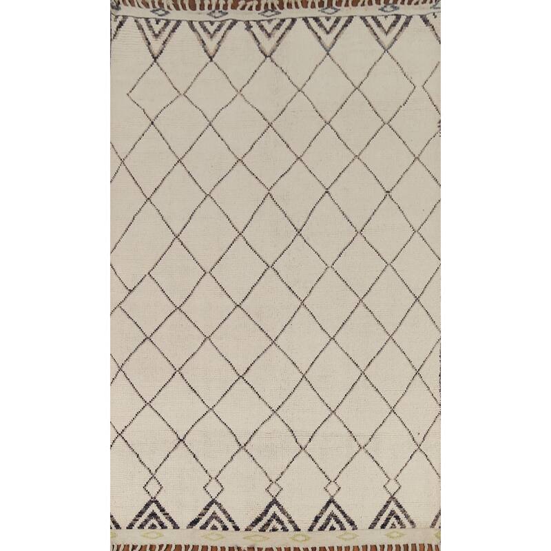 Beige Trellis Moroccan Oriental Area Rug Hand-Knotted Wool Carpet - 6'3"x 9'9"