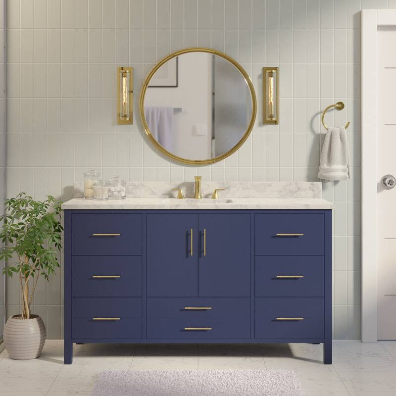 KitchenBathCollection California 60" Single Bathroom Vanity with Carrara Marble Top - Royal Blue