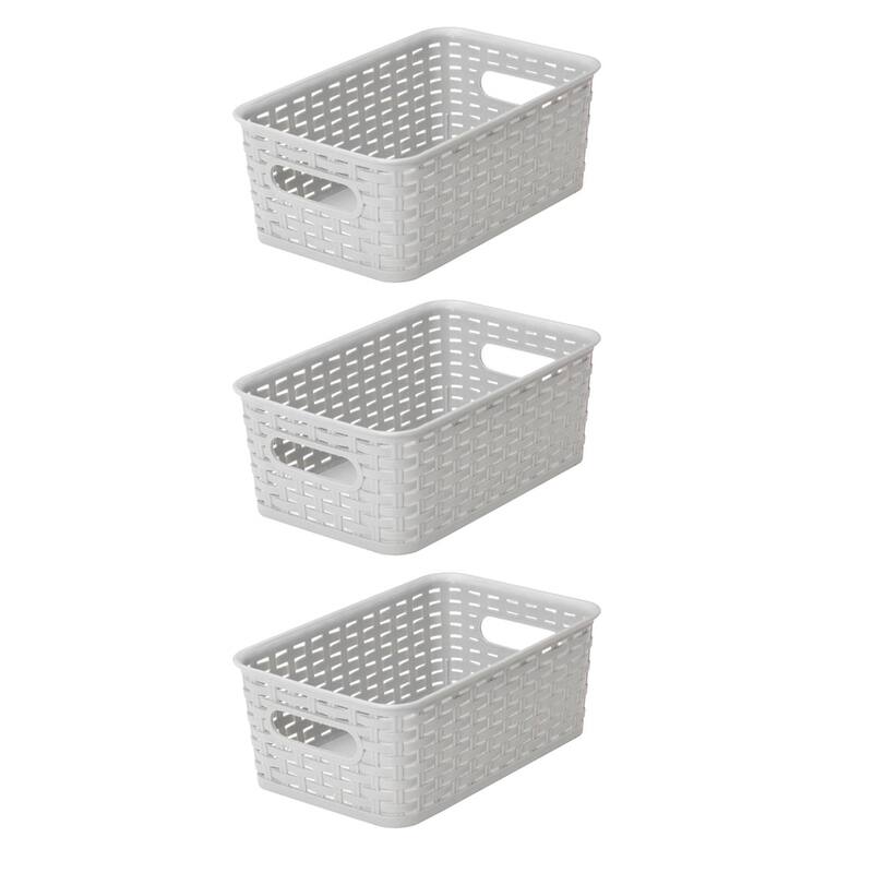 YBM Home Plastic Rattan Storage Box Basket Organizer, BA413 - Pack of 3 - Grey