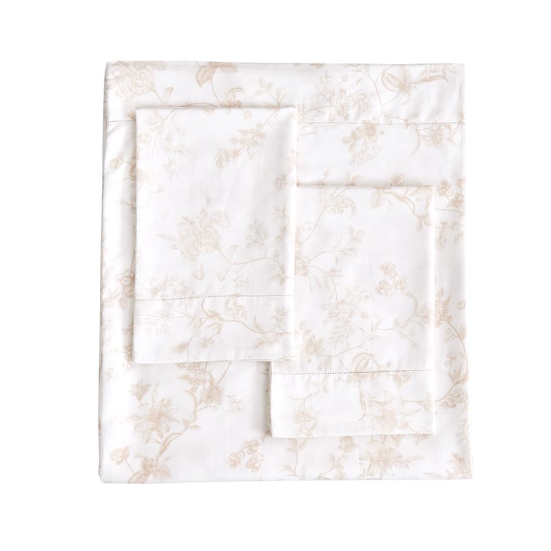 Printed Design Cotton Collection 400TC Hemstitch Natural Garden Bouquet Sheet Set and Pillowcases