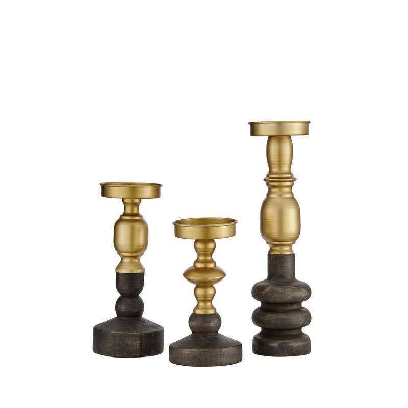 Vintage Style Candle Holders - 13.5" - Antique Brass and Brown - Set of 3