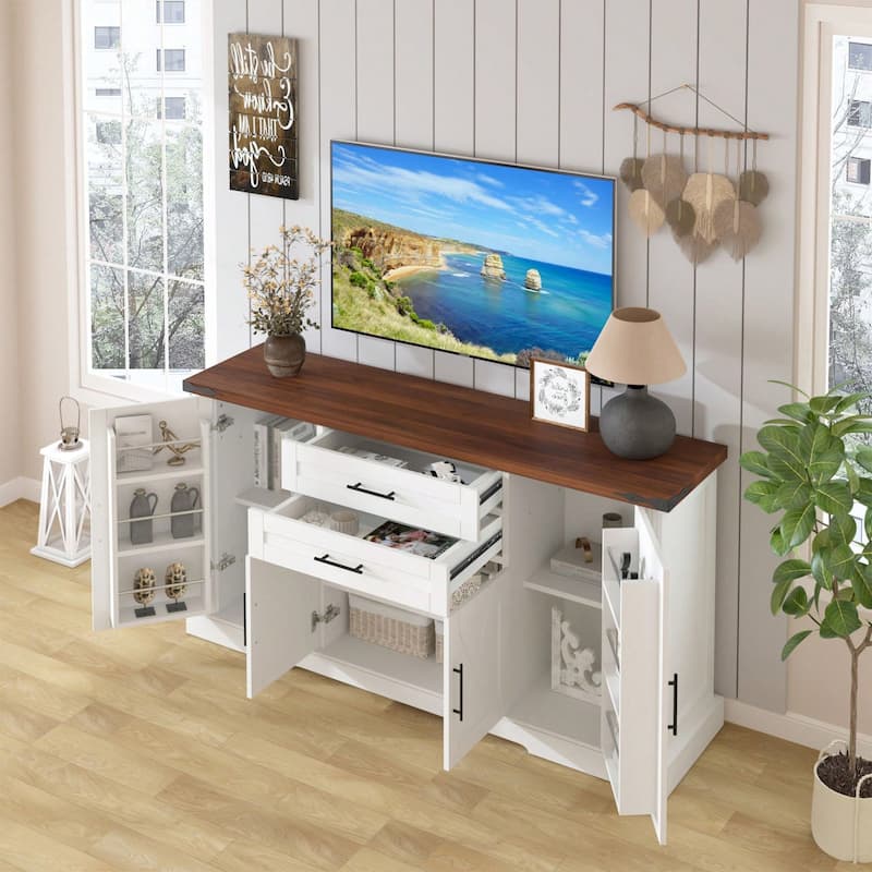 63" Farmhouse Cabinet with 2 Drawers & Door Rack, Large Buffet Table Coffee Bar Cabinets with Adjustable Shelves for Kitchen