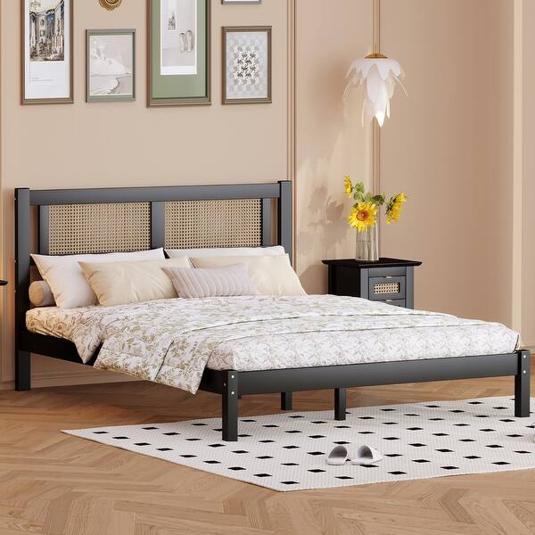 slide 2 of 16, Queen Size Wooden Platform Bed with Natural Rattan Headboard, Exquisite Elegance with Minimalist Charm for Bedroom, Black Black
