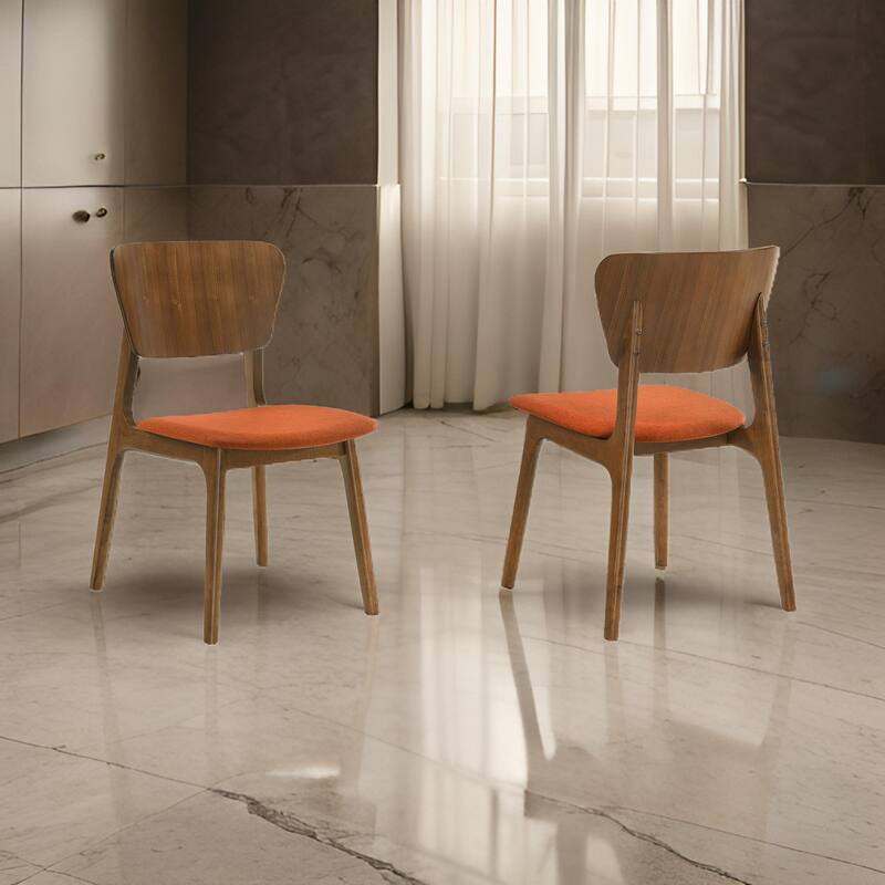 Kalie 24 Inch Dining Chair Set of 2, Orange Fabric Seat, Walnut Brown