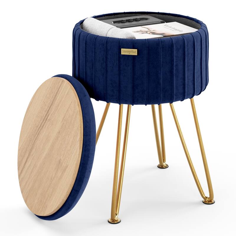 Emperyan Pleated Velvet Storage Ottoman, Modern Ottomans for Living Room and Bedroom - 17" x 13" - Blue/Gold Legs