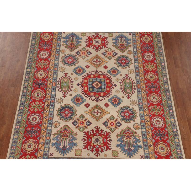 Geometric Kazak Area Rug Hand-Knotted Beige / Ivory Wool Carpet - 6'5" x 9'8"