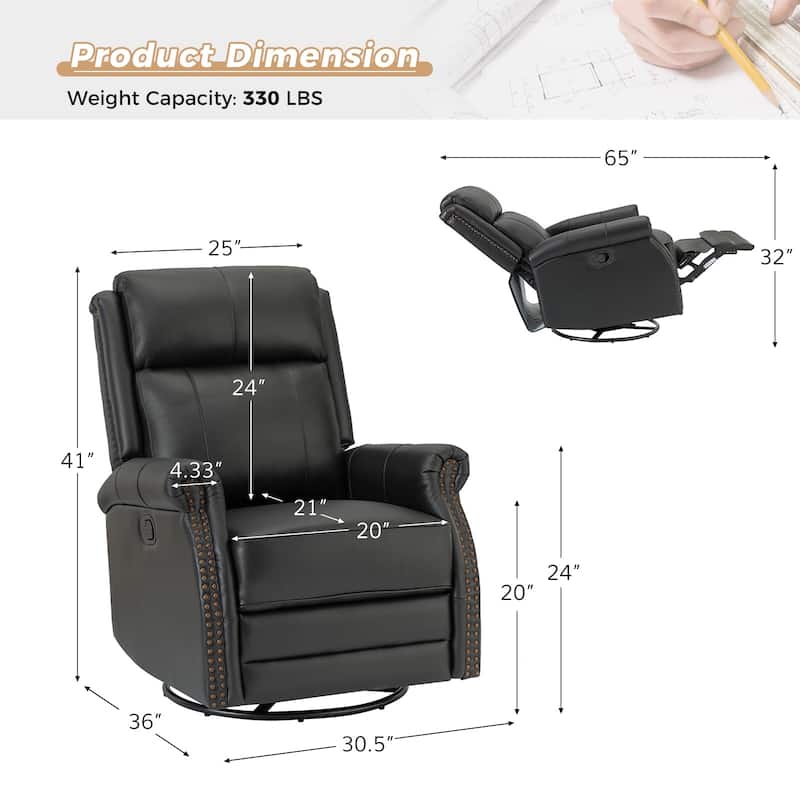 Alina Modern 20''w Genuine Leather Swivel Rocker Nursery Manual Recliner Chair with Rolled Arms by HULALA HOME