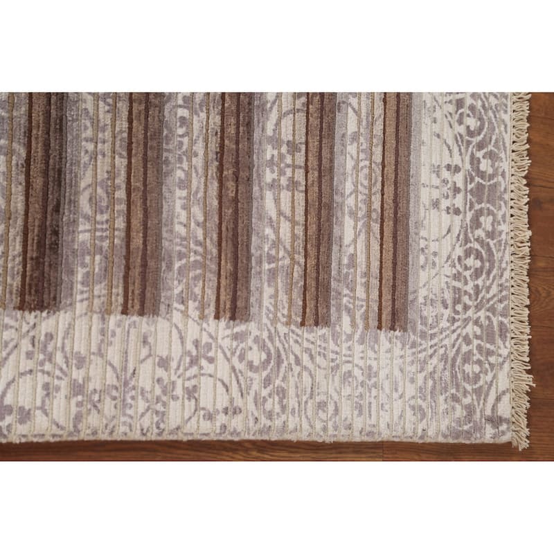 Beige Striped Abstract Accent Rug Handmade Oriental Wool Carpet - 2'9"x 5'0"