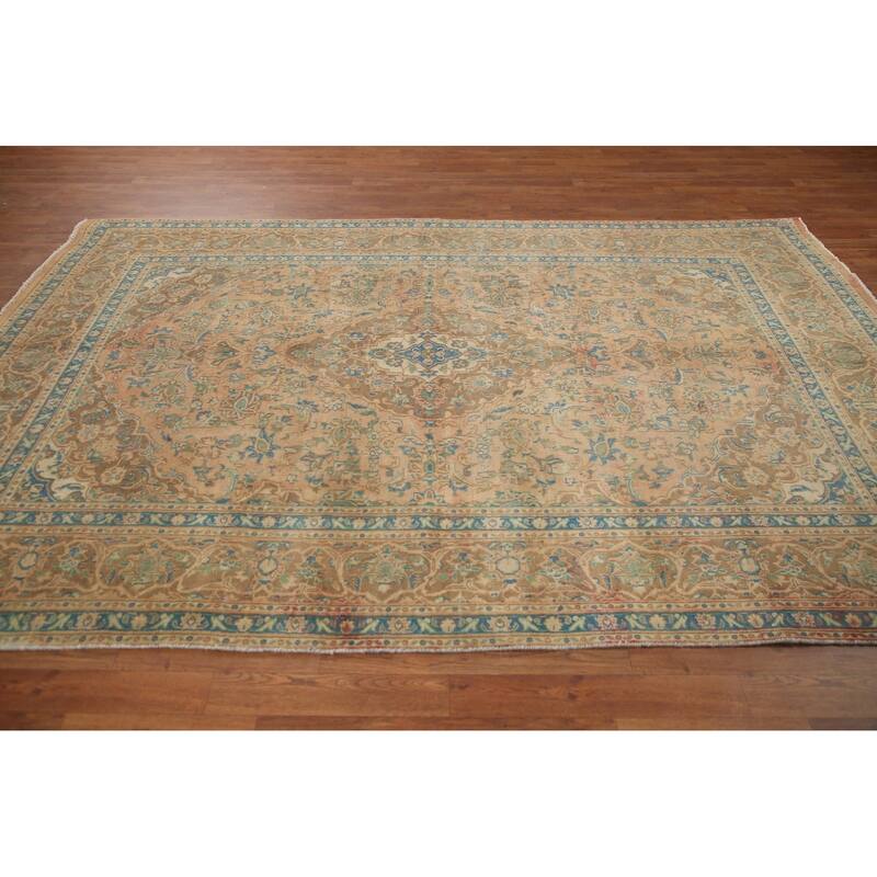 Hand Knotted Oriental 100% Wool Carpet Traditional Floral Oranges & Rust Mashad Area Rug - 9' 6'' X 6' 3''