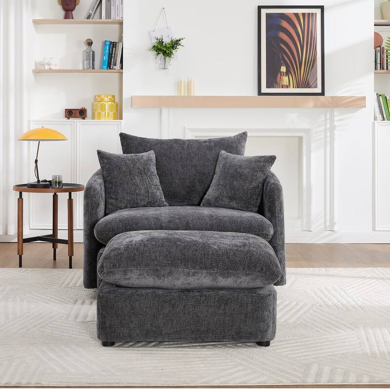 46" Chenille Upholstered Oversized Swivel Armchair With Ottoman - DARK GREY