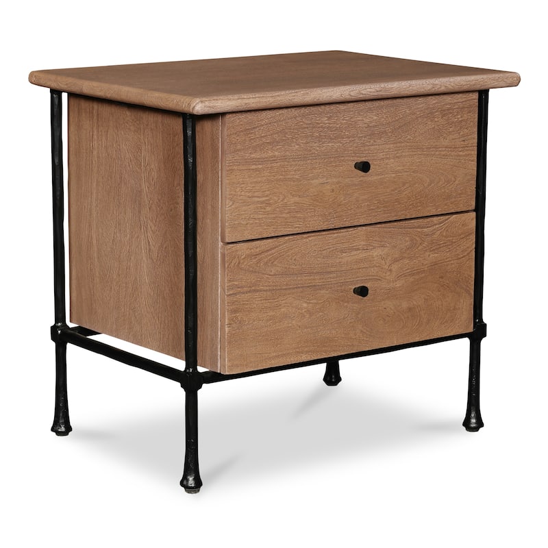 NADAAL STUDIOS Valenor Nightstand, Solid Acacia Wood with Hammered Iron Base and Traditional Beveled Details, Brown