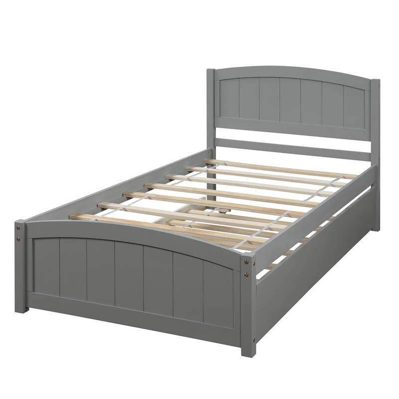 Minimalistic Twin Size Platform Bed with Trundle in Gray, Solid Pine Construction