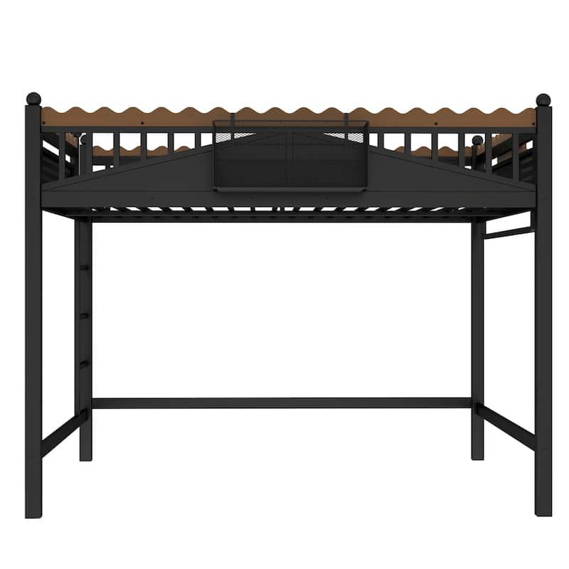 Modern Metal Loft Bed with Shelves & Bookshelf, Ladder Entry, No Box Spring Needed, Multi-Size