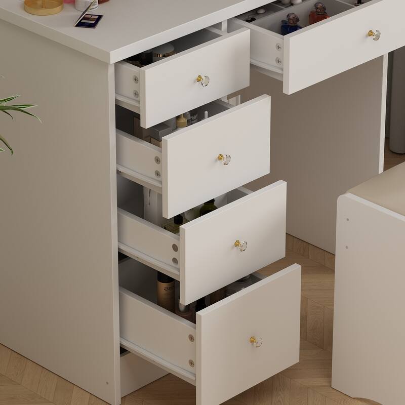 Vanity Desk with LED Lighted Mirror, Makeup Vanity Table with Drawers, Shelves and Stool