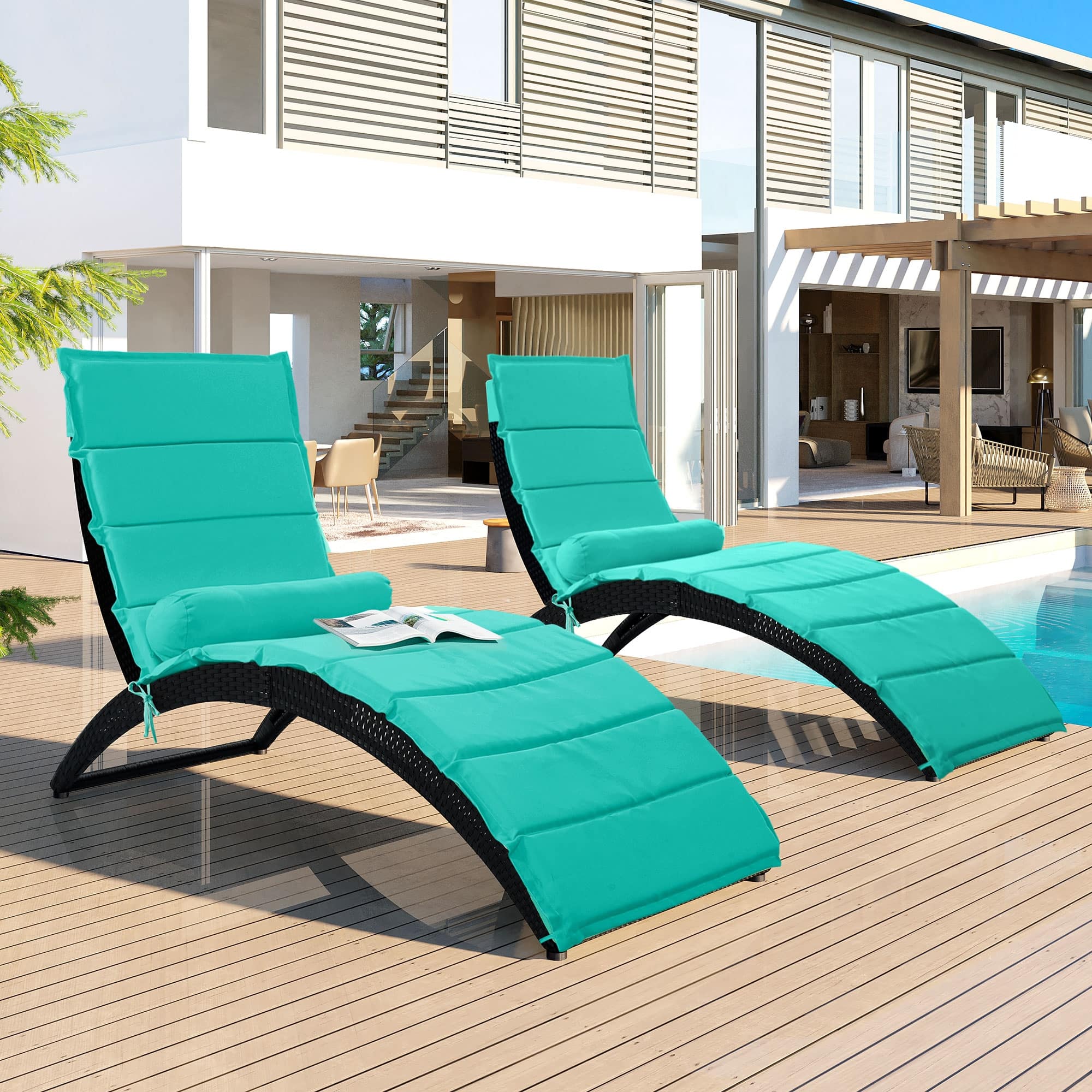 Black Wicker Sun Lounger, PE Rattan Foldable Chaise Lounger with