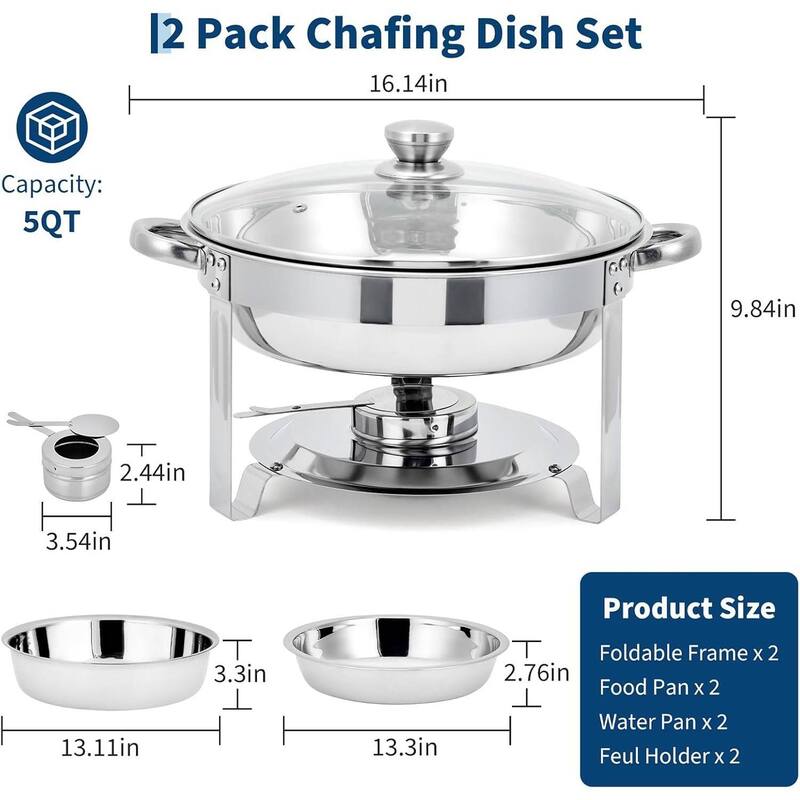 5 Qt Round Stainless Steel Chafer Set with Glass Lids