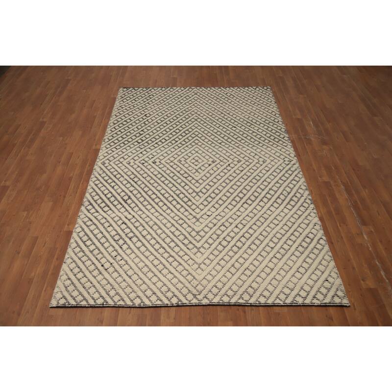 Hand Knotted Oriental 100% Wool Carpet Modern Geometric Beige & Ivories Modern Gotti Design Area Rug - 9' 2'' X 5' 11''