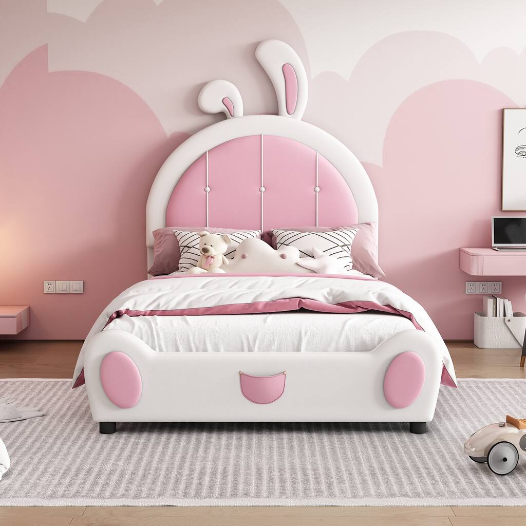 Twin Upholstered Bed Princess Platform Bed w/ Rabbit Shaped PU Headboard