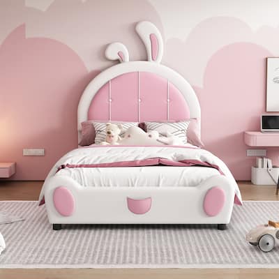 Twin Size Upholstered Platform Bed with Rabbit Shaped Headboard