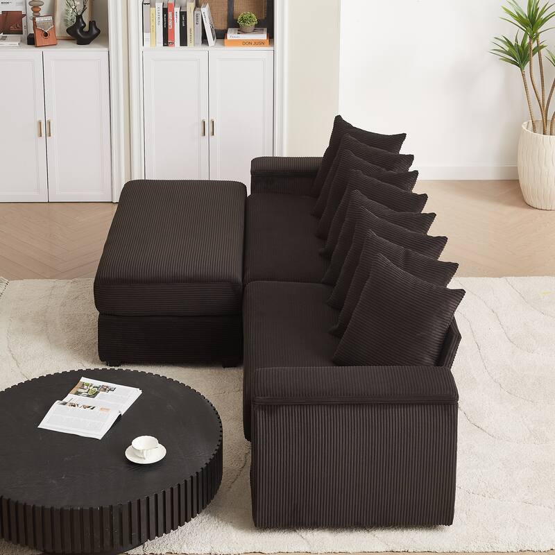 L-shaped Sectional Sofa with Chaise Corduroy Upholstered Couch with Reversible Ottoman, 2 Storage Armrests and 8 Pillows