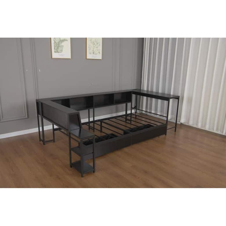GDFStudio - Modern Corner Bed Frame with Bookcase, 2 Underbed Storage Drawers, LED Lighting & Charging Station
