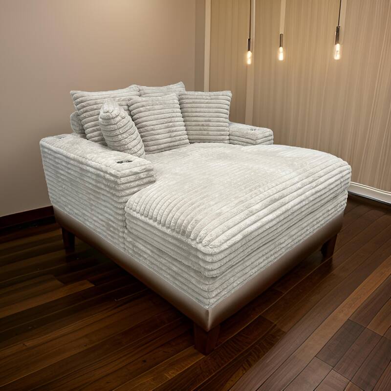 Ziv Oversized Cuddler Chaise, Plush Ribbed Beige Polyester Upholstery