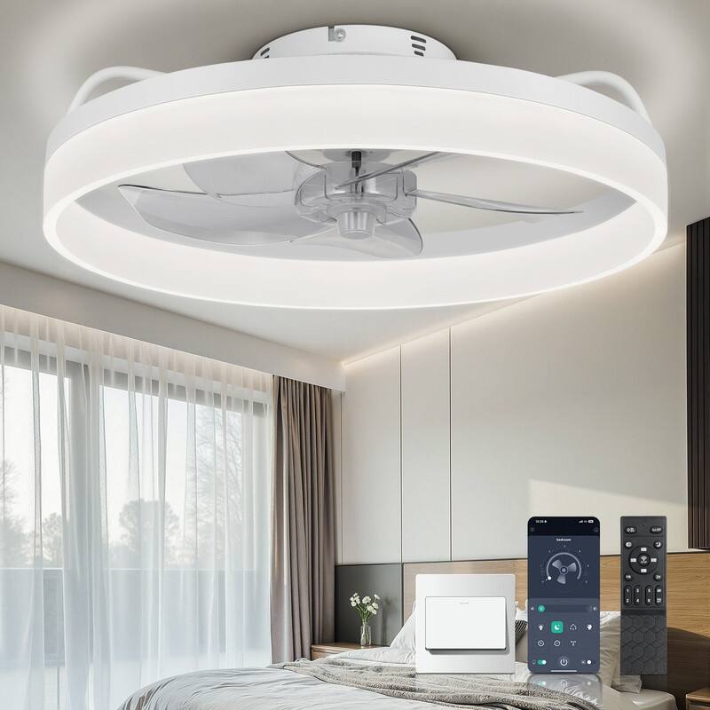 20 in. LED Indoor Black Low Profile Flush Mount Ceiling Fan with Light Remote Control for Bedroom, Small Room - White