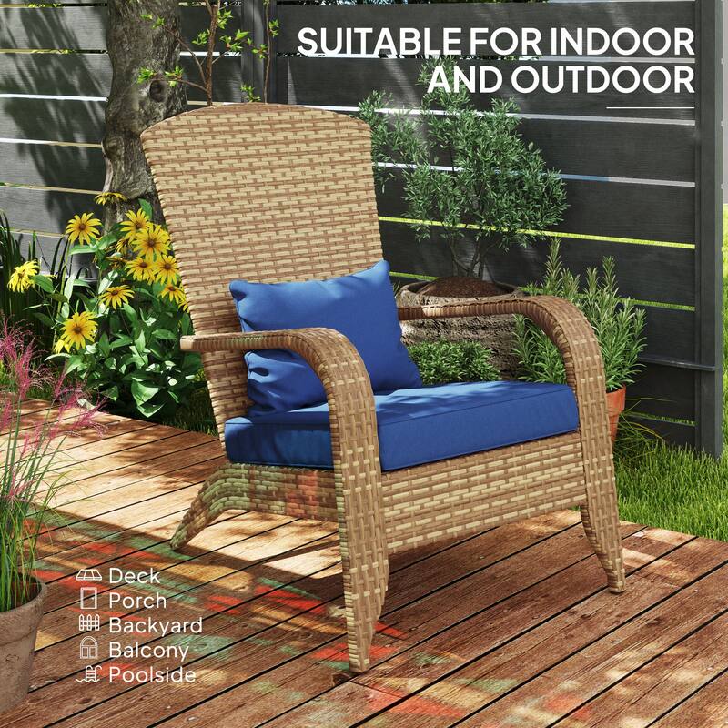 Outdoor Rattan Adirondack Chair with Cushions and Steel Frame Patio Seat for Porch or Pool - 25.2" W x 31.5" D x 35.4" H