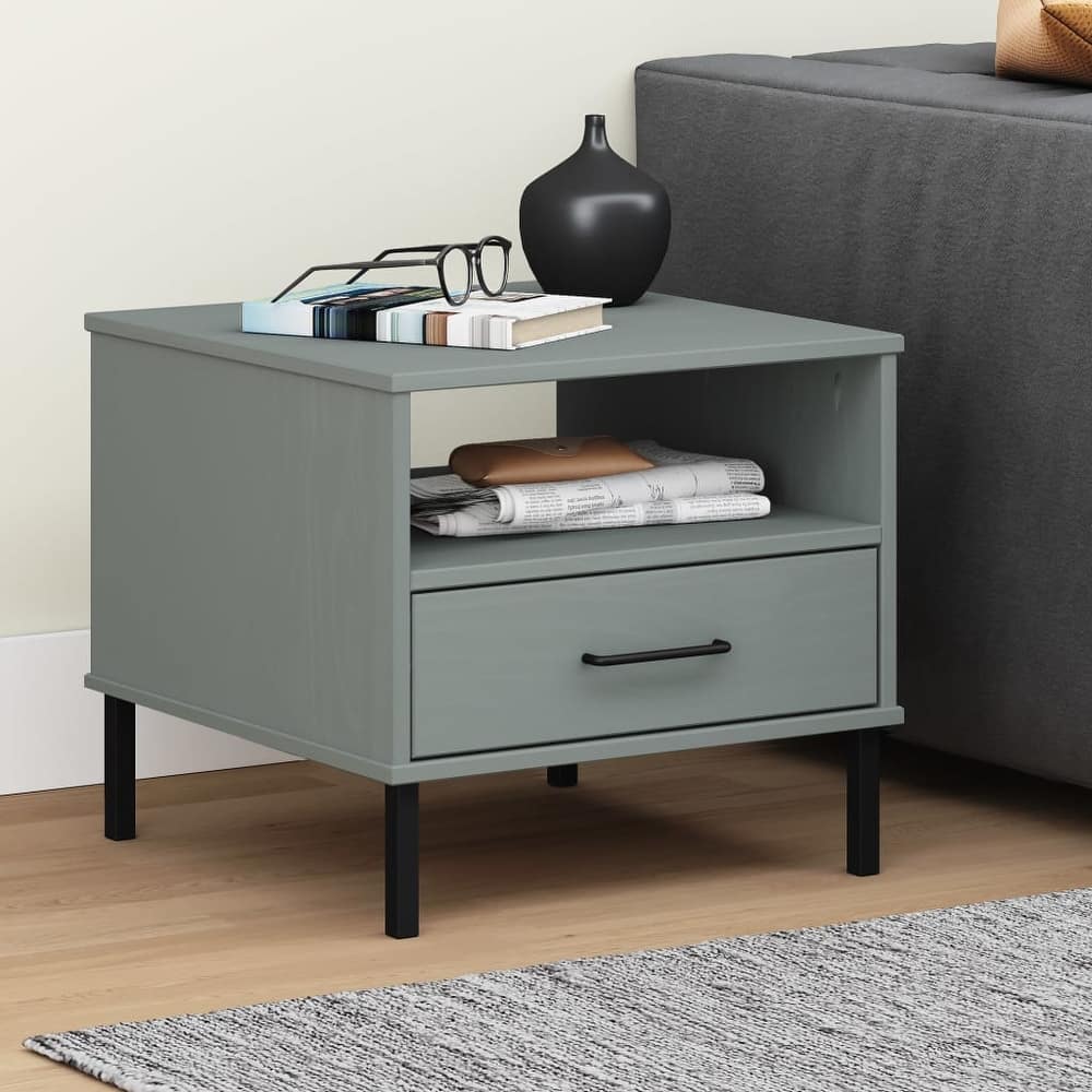 vidaXL Bedside Table Bedroom Nightstand with Metal Legs Solid Wood Pine OSLO - 19.7" x 19.7" x 17.7"