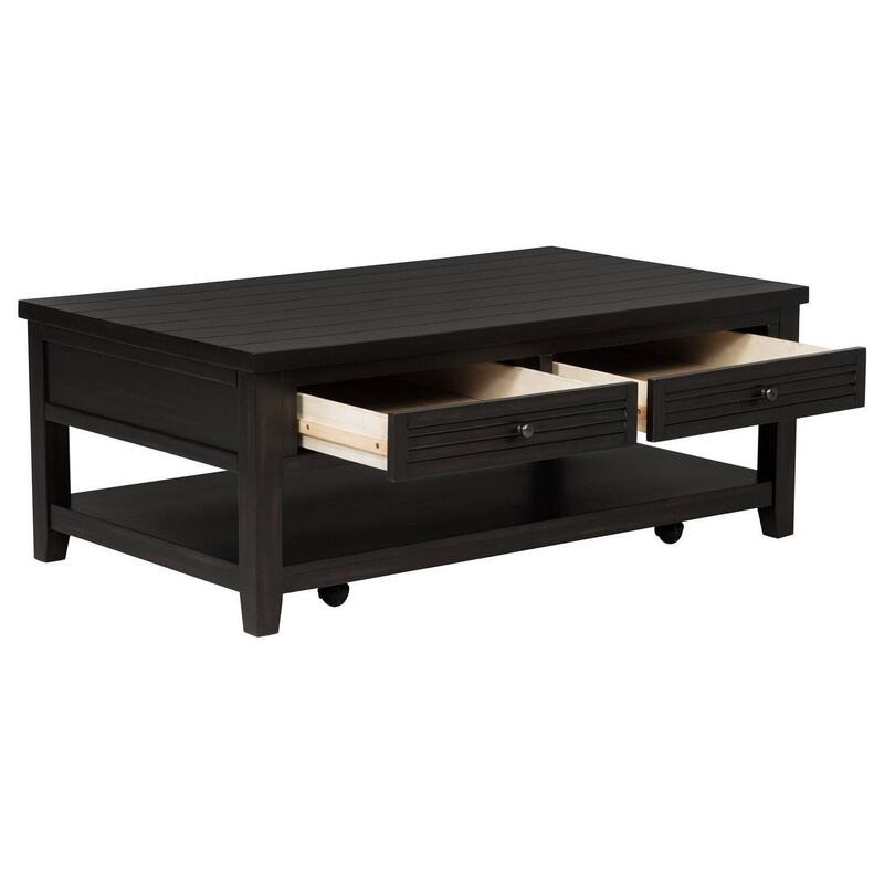 Coni Coffee Table, 2 Drawers, 1 Shelf, Black Wood Frame, 48 Inch