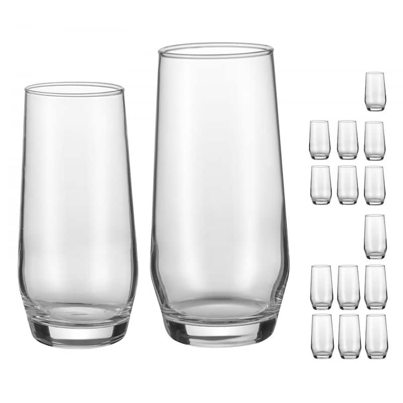 Clear Soda Lime Glass 16-Piece Drinking Set with 2 Sizes - 3.13 x 3.13 x 6.5 in