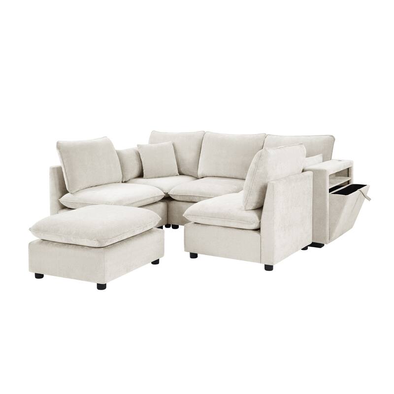 Smooth Chenille Sectional Sofa U-Shaped Modular Sofa Bed L-Shaped Couch with Movable Ottoman, Storage Armrests and USB Ports