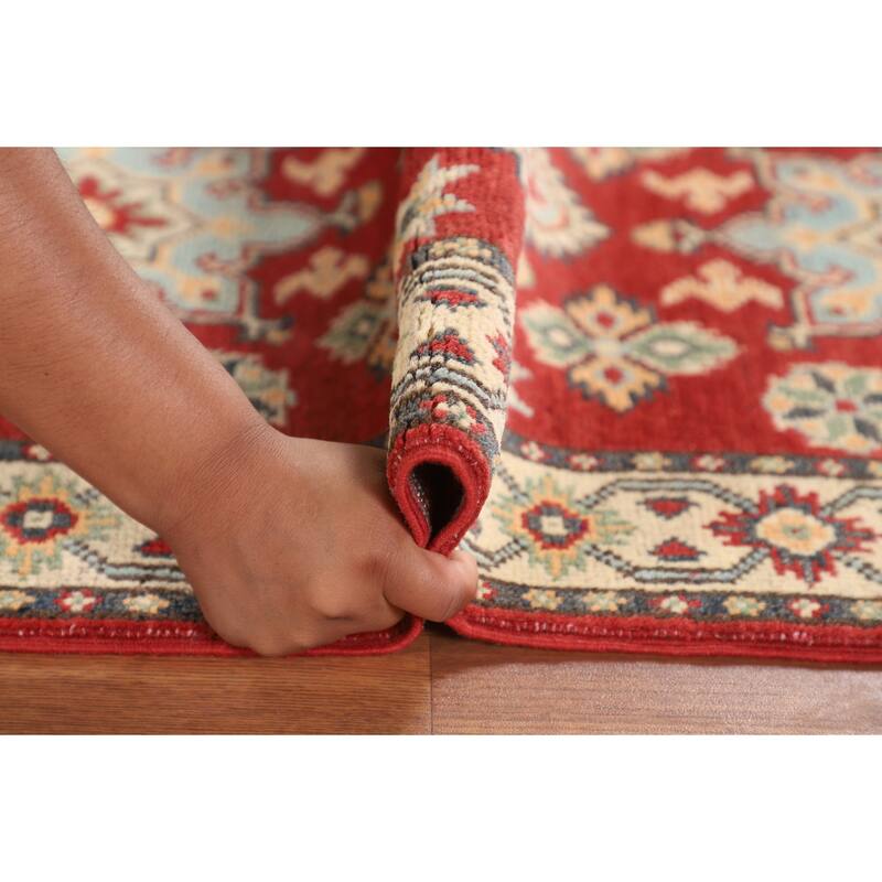 Geometric Red Kazak Runner Rug Hand-Knotted Wool Carpet - 2'1" x 6'0"