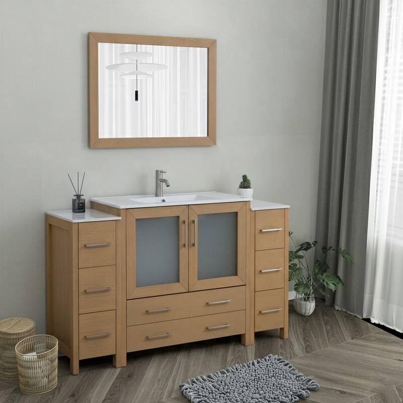 Vanity Art 60-Inch Single Sink Bathroom Vanity Set 8 Dove-Tailed Drawers 3 Cabinets 1 Shelf Soft-Closing Doors with Free Mirror