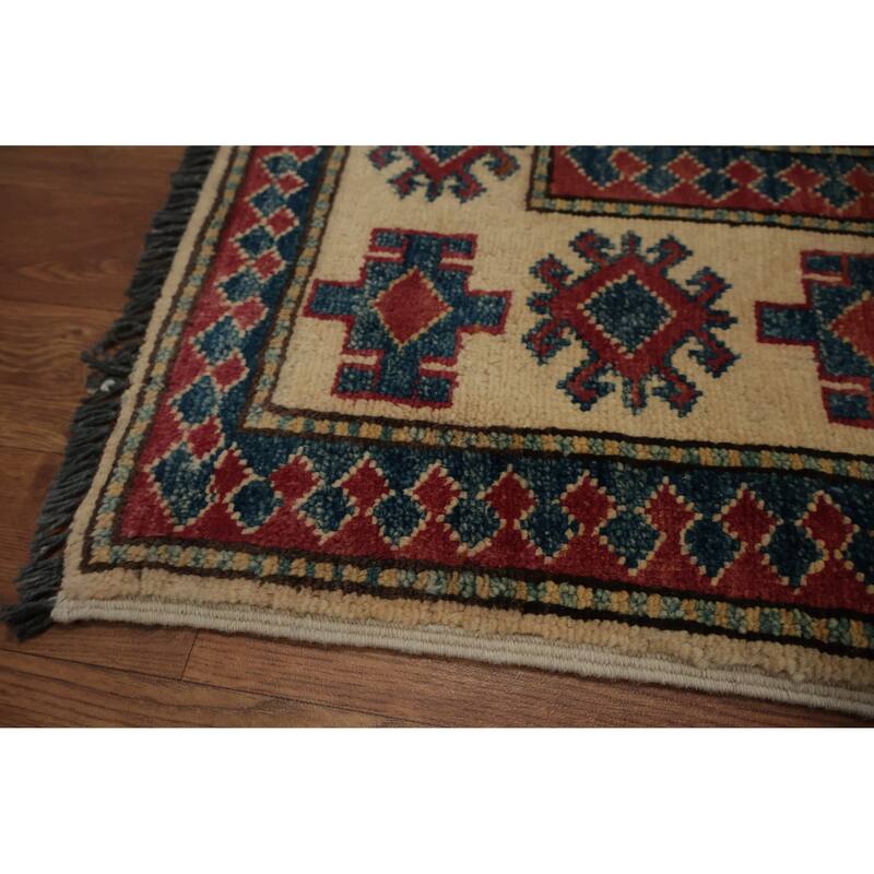 Hand Knotted Oriental 100% Wool Carpet Traditional Geometric Red Kazak Area Rug - 4' 11'' X 3' 8''