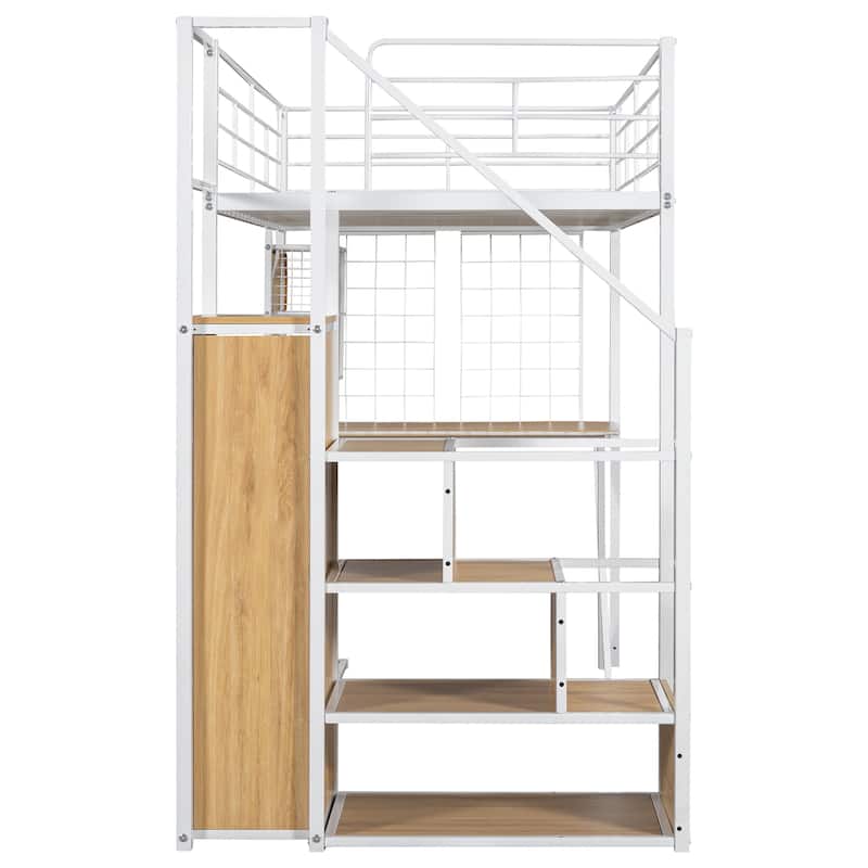 Metal Loft Bed Frame with Built-in Work Station, Computer Desk, Wardrobe, Storage Staircase and LED