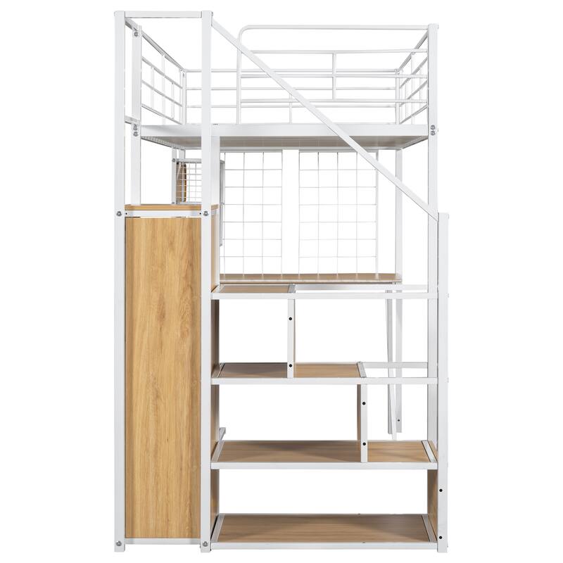 Metal Loft Bed with Built-in Work Station, Wardrobe, Storage Staircase and LED
