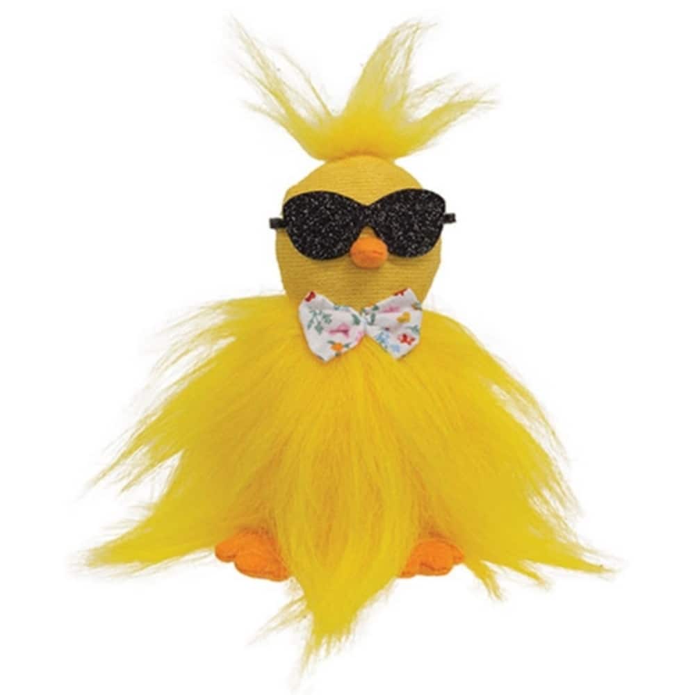 Plush Cool Chick Figurine with Sunglasses and Floral Bow Tie Whimsical Spring Summer Tabletop Shelf Décor 7 Inch