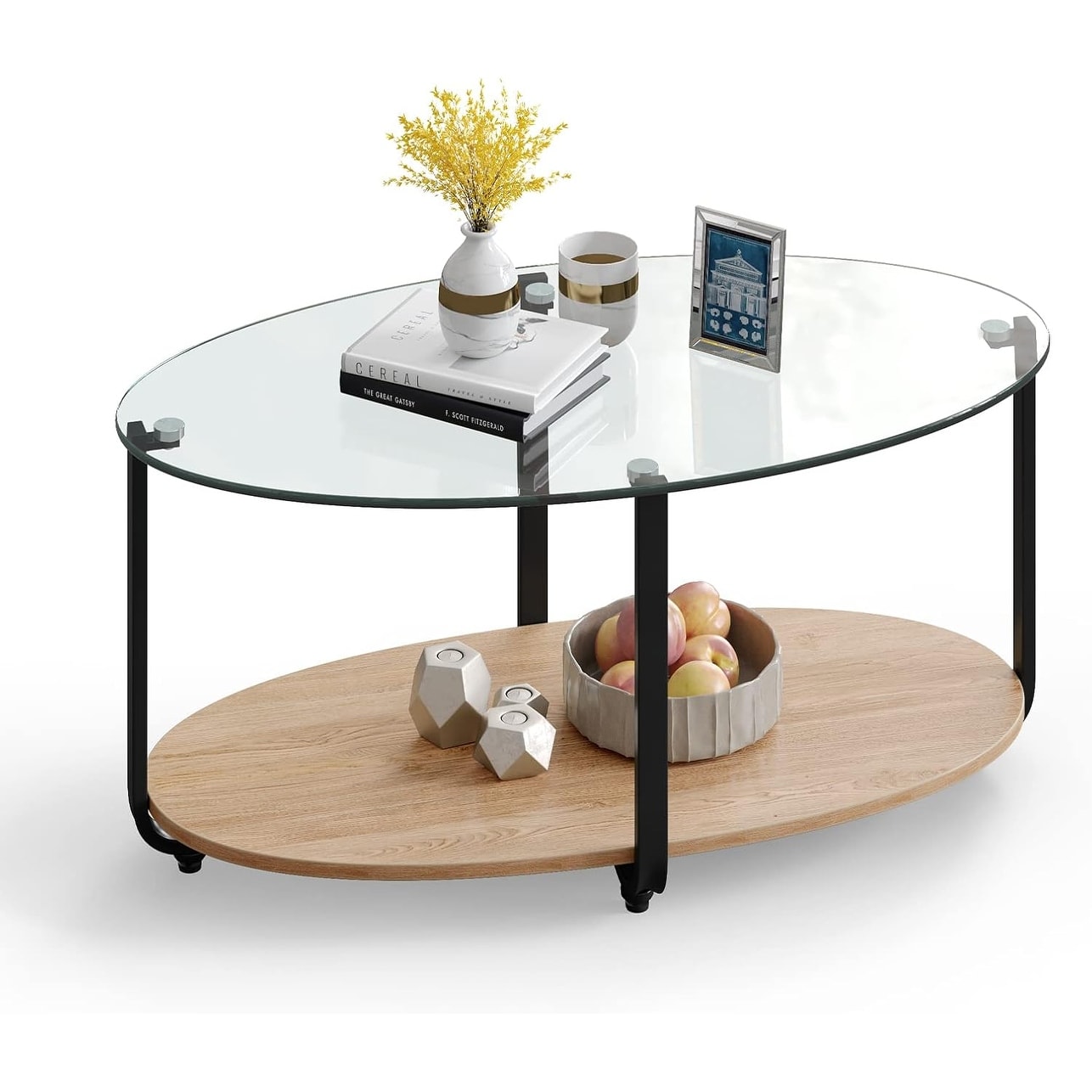 2-Tier Oval Glass Coffee Table with Tempered Top & Wooden Shelf, Modern Sofa Center Table for Home or Office
