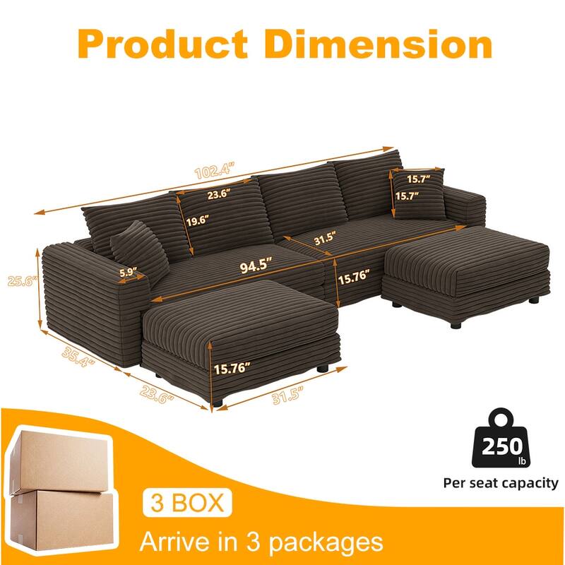 102.4" Corduroy Couch with Ottomans, 4 Seat Convertible Modular Sectional Sofa, Upholstered Couches with Pillows for Living Room