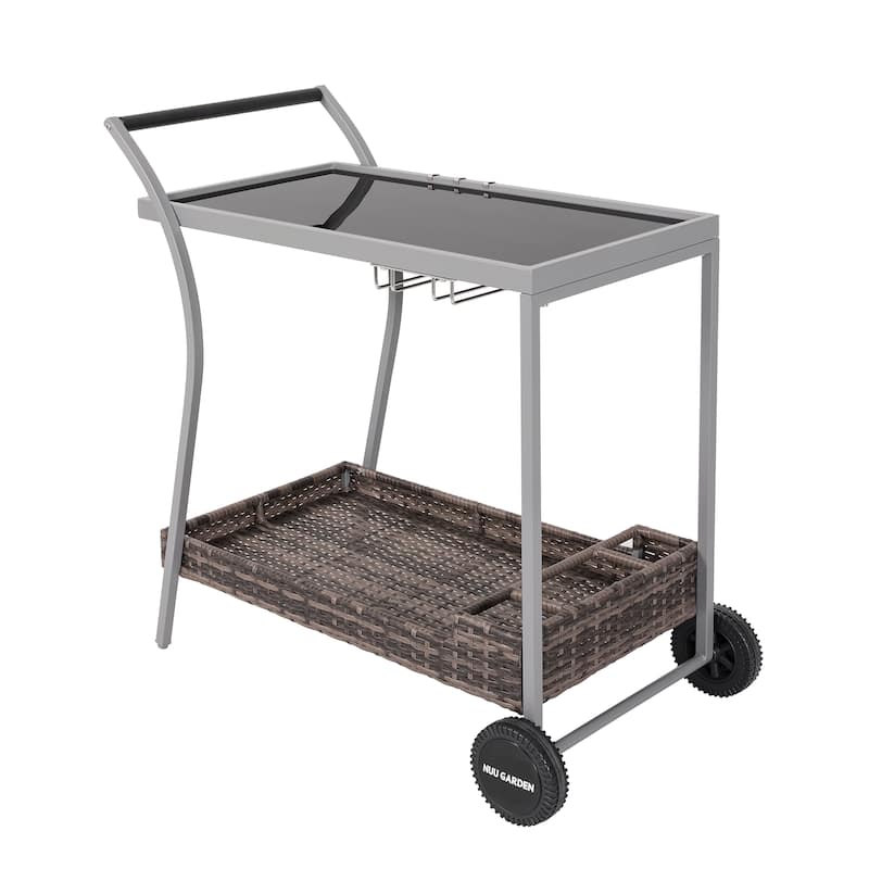 Outdoor 2-Tier Wicker Bar Cart on Wheels with Tempered Glass Board