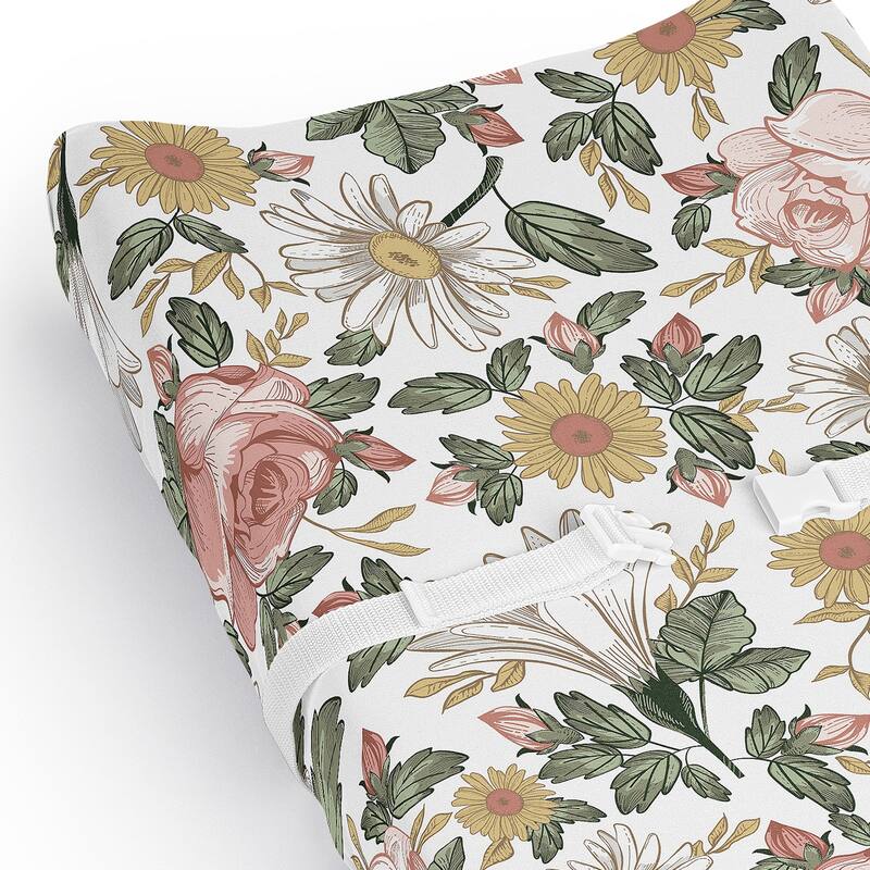 Sweet Jojo Designs Blush Pink Yellow Vintage Floral Boho Girl Changing Pad Cover Sheet White Bohemian Shabby Chic Farmhouse Rose