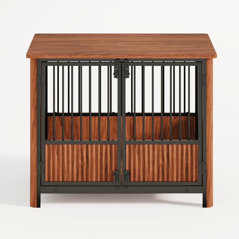 31.5'' Fluted Dog Crate Furniture, Indoor Dog House with 2 Doors, Decorative Dog Crates End Table for Small & Medium Dogs
