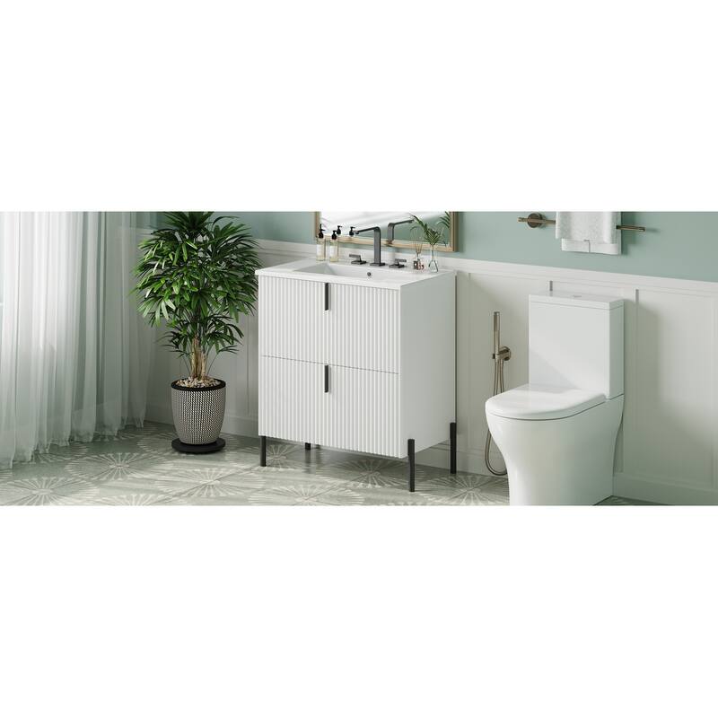 Bathroom Vanity with Ceramic Sink, Freestanding Bathroom Storage Cabinet, Fluted Bathroom Vanity with 2 Full-Extension Drawers
