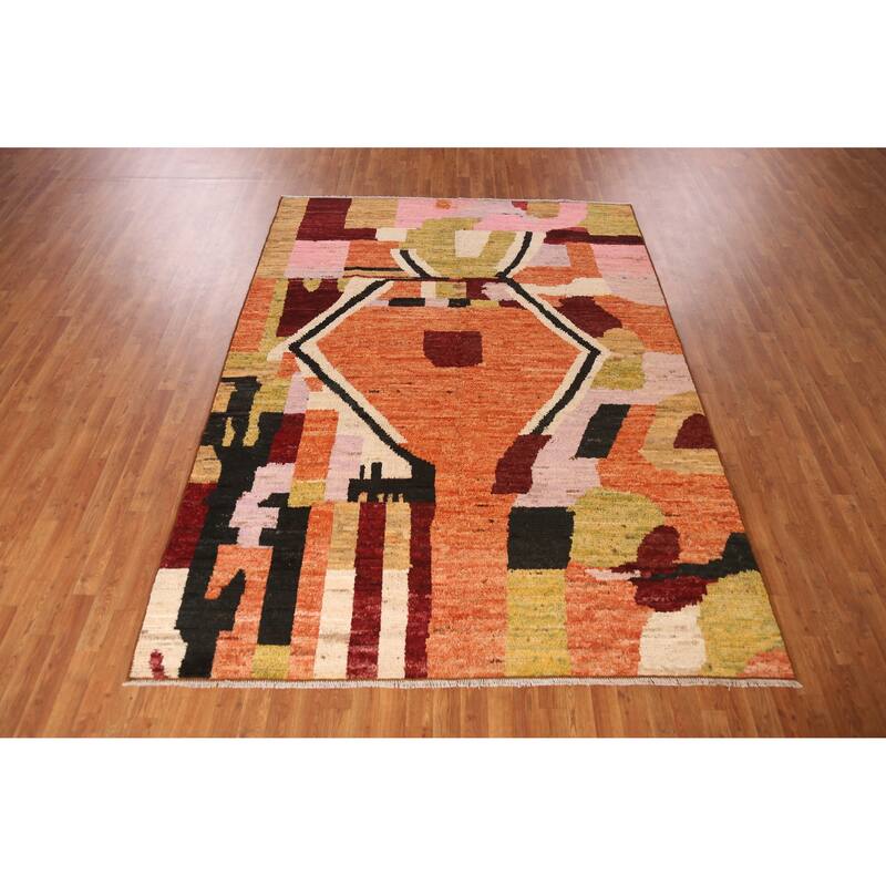 Geometric Moroccan Oriental Area Rug Orange Hand-Knotted Wool Carpet - 7'1" x 9'8"