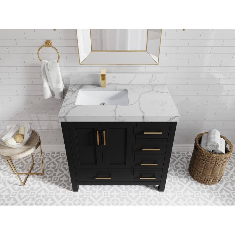 Willow Collections 36 in. W x 22 in. D Malibu Left Offset Sink Bathroom Vanity with Countertop - 2" Venatino - Black