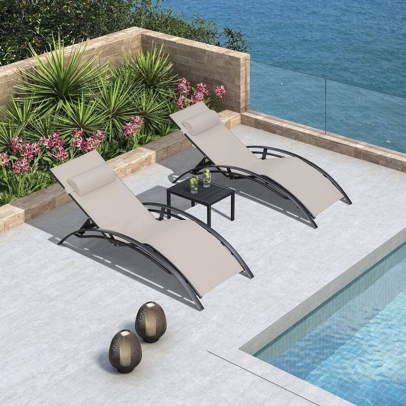 PURPLE LEAF Patio Chaise Lounge Set Outdoor Beach Pool Sunbathing Lawn Lounger Recliner Chair Side Table Included - Beige