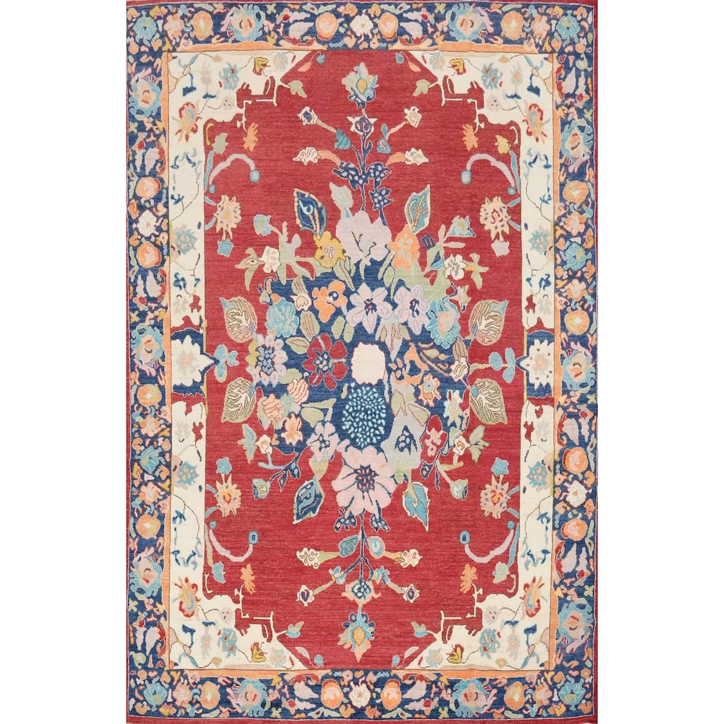 Hand Knotted Oriental 100% Wool Carpet Transitional Floral Red Oushak Area Rug - 12' 0'' X 9' 3''