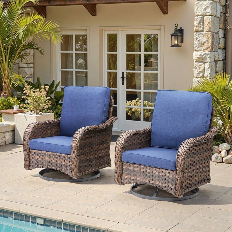 Cavira Brown Wicker Outdoor Patio Swivel Glider Chairs with Olefin Cushions (2-Pack) - Navy Blue Cushions - Brown Wicker