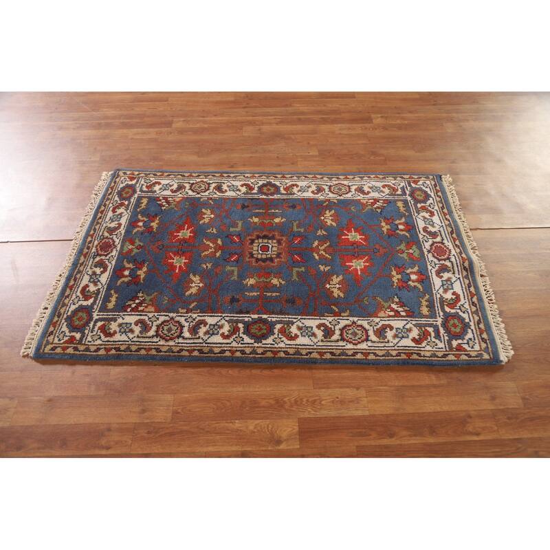 Blue Floral Oushak Indian Area Rug Hand-knotted Wool Carpet - 3'0"x 4'9"